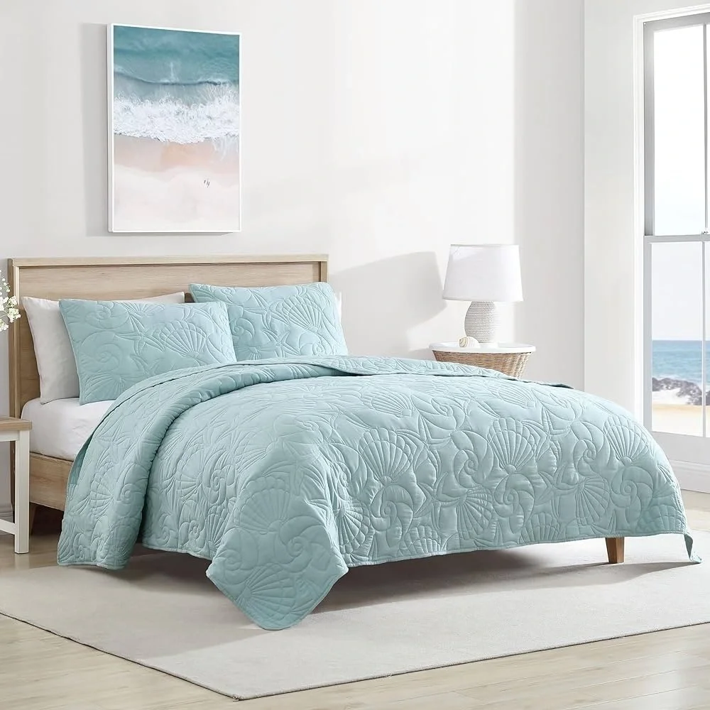 CARIBBEAN JOE Full/Queen Outlined Shell 3-Piece Quilt Set, Coastal Beach , Aqua